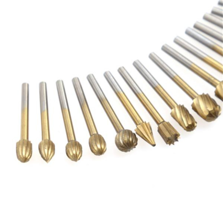 Drillpro 20Pcs Titanium Coated Rotary File Cutters HSS Mini Burr Wood Working Milling Carving Rasp Drill Bits