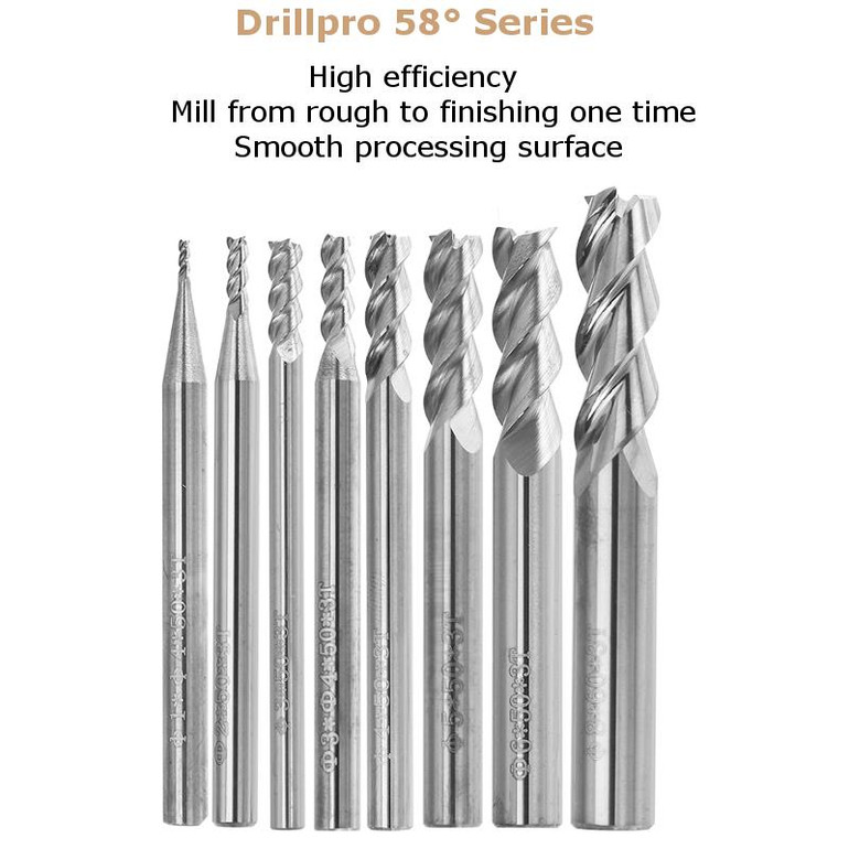 Drillpro 1-8mm HRC58 3 Flutes End Mill Cutter Tungsten Carbide CNC Milling Tool for Aluminum