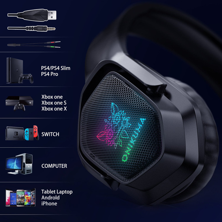 ONIKUMA X4 3.5mm USB Wired Headphone 360º Surounding Gaming Head-mounted Earphone RGB Luminous Computer Game Headset with Mic (Black)