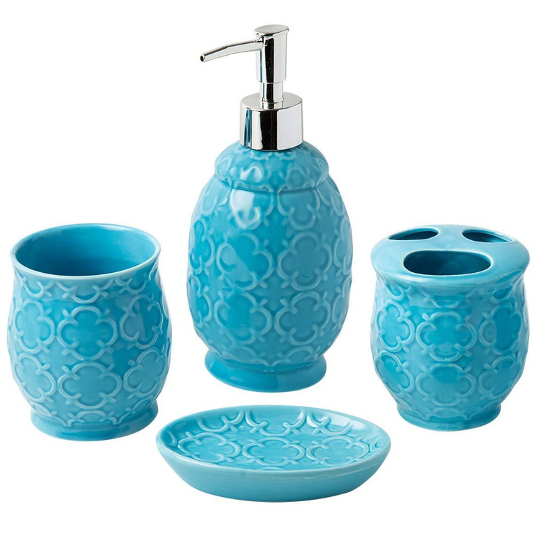 Designer 4-Piece Ceramic Bath Accessory Set | Includes Liquid Soap or Lotion Dispenser w/Toothbrush Holder, Tumbler, Soap Dish | Moroccan Trellis | Contour Grey Designer 4-Piece Ceramic Bath Accessory Set | Includes Liquid Soap or Lotion Dispenser w/Toothbrush Holder, Tumbler, Soap Dish | Moroccan Trellis | Contour Grey