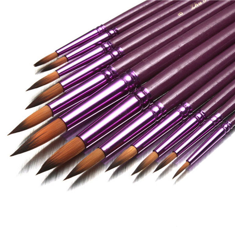12pcs Flat Tip Round Tip Painting Brushes Artist Nylon Hair Watercolor Oil Drawing Pen