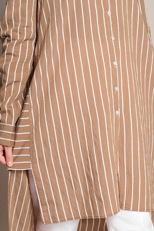Vertical Striped Buttoned Tile Hijab Tunic  Autumn Spring Long Plaid Shirt Women Casual White Long Sleeve Pocket Button Up