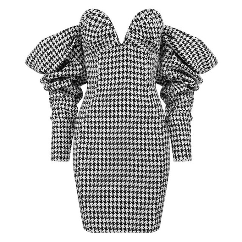 Sexy Strapless Long Sleeve Backless Plaid Bodycon Dress Vestidos Elegant Women's Celebrity Club Evening Party Dress 2021 Spring