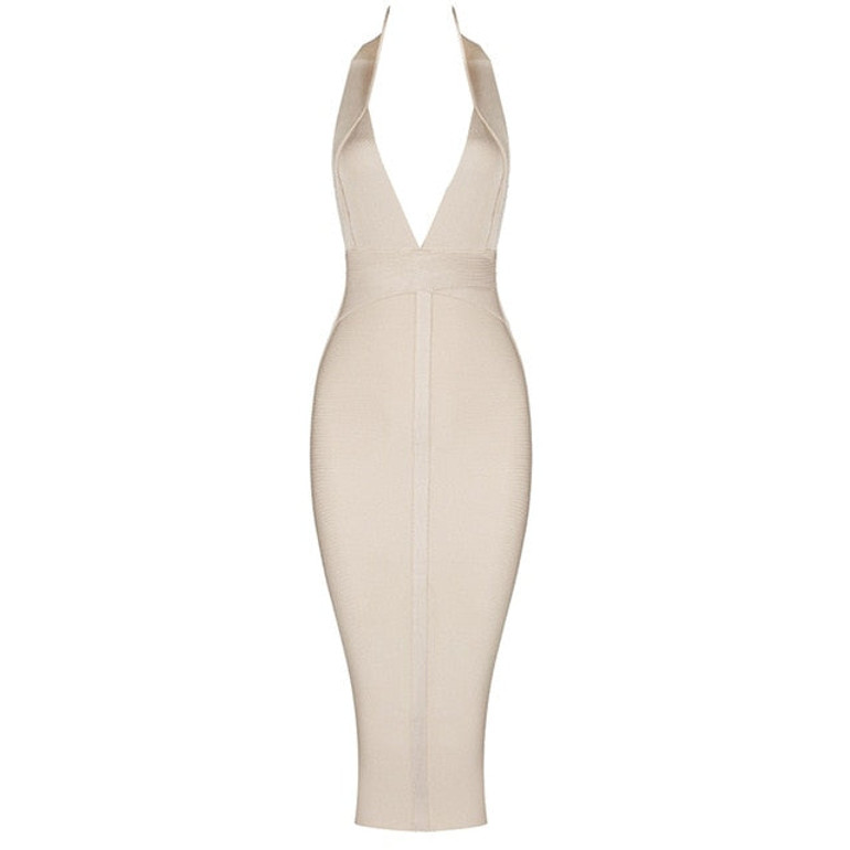 High Quality Pink V-neck Backless Bodycon Rayon Bandage Dress Sexy Club Party Dress Vestidos