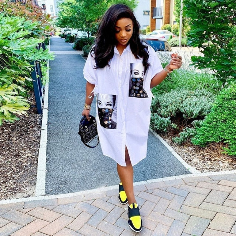 Loose White Shirt Dress Women Casual Streetwear Dress Autumn Half Sleeve Print Character Turn Down Collar Button Shirt Dress Loose White Shirt Dress Women Casual Streetwear Dress Autumn Half Sleeve Print Character Turn Down Collar Button Shirt Dress
