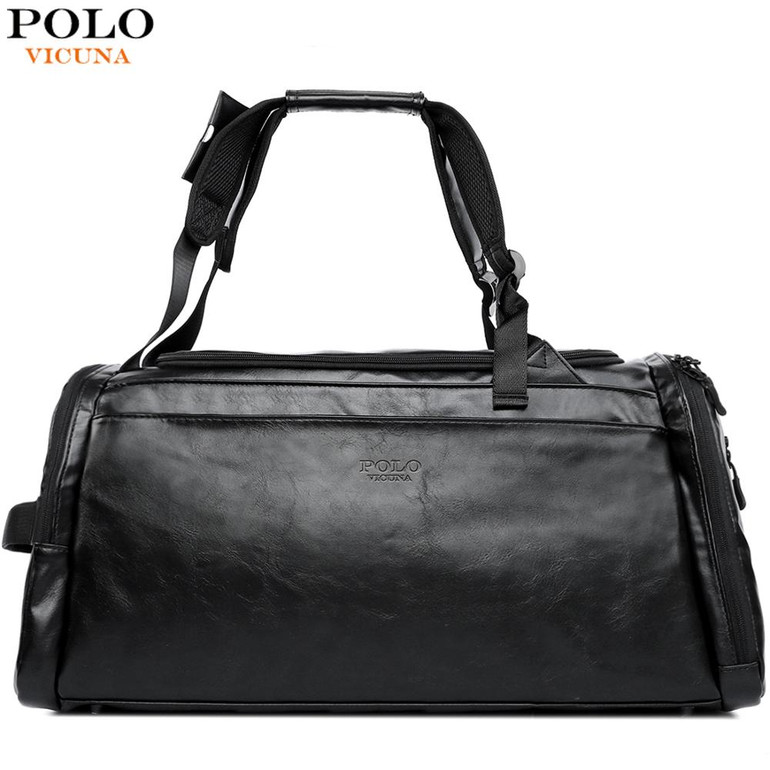 VICUNA POLO Large Capacity Mens Leather Travel Backpack With Shoe Pocket Casual Solid Black Travel Bag For Male Handbag