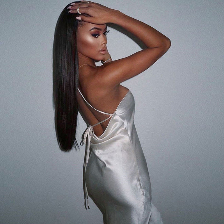 Cryptographic Spaghetti Straps White Satin Midi Dresses Bandage Sexy Backless Party Club Elegant Dress Sundress Holiday Dress