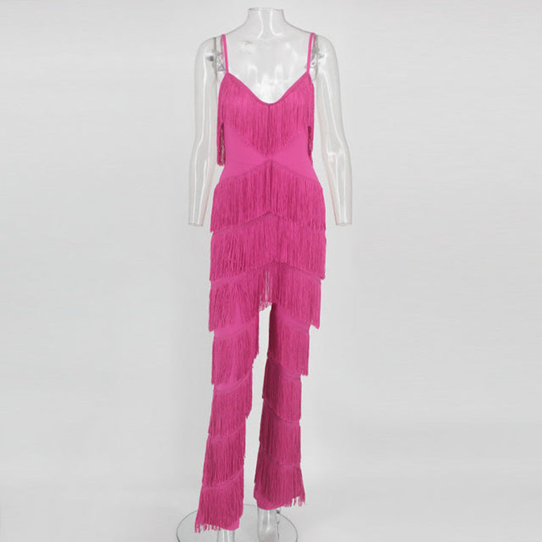Yissang Pink Red Tassel Long Backless Jumpsuits For Women 2018 Spaghetti Strap Summer Womens Rompers Sexy Elegant Jumpsuit