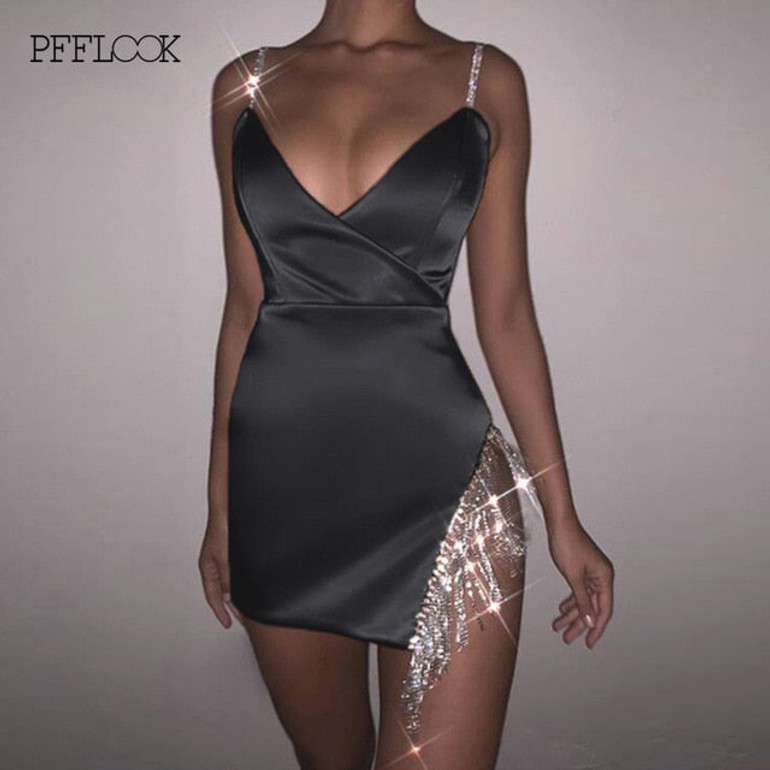 PFFLOOK Summer Sexy Tassel Diamond Party Dress Women Satin Dress Elegant Off Shoulder Backless Bodycon Dresses Mini Vestidos PFFLOOK Summer Sexy Tassel Diamond Party Dress Women Satin Dress Elegant Off Shoulder Backless Bodycon Dresses Mini Vestidos