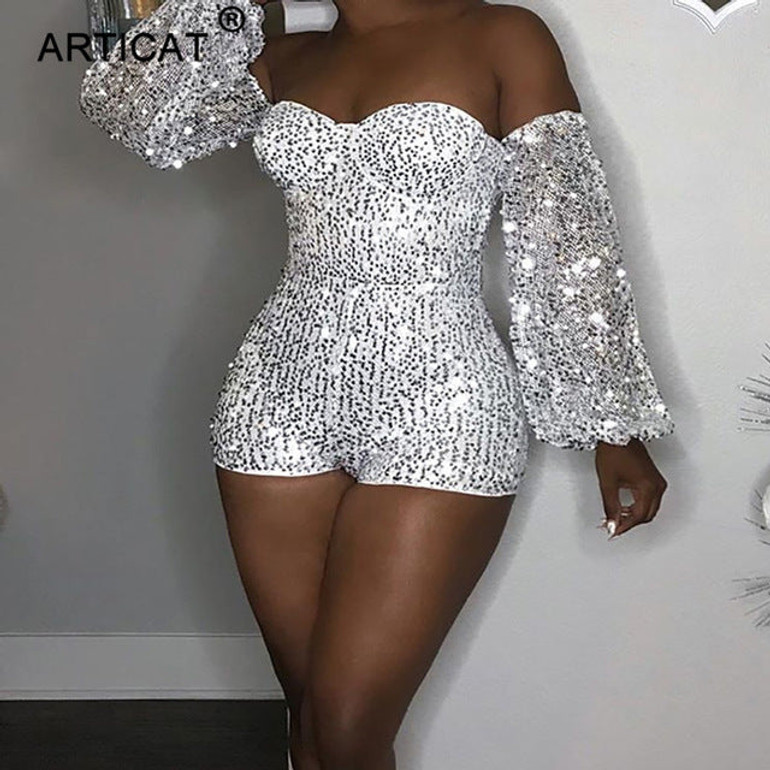 Articat Off Shoulder Sequined Sexy Women Jumpsuit Lantern Sleeve Backless Bodycon Playsuit Silver Slim Nightclub Party Overalls Articat Off Shoulder Sequined Sexy Women Jumpsuit Lantern Sleeve Backless Bodycon Playsuit Silver Slim Nightclub Party Overalls