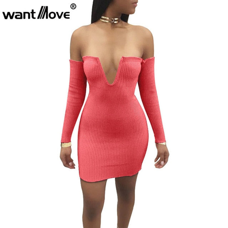 Wantmove ribbed sexy club women 2018 summer dress off the shoulder V neck fashion bodycon elegant mini dresses for women JZ101