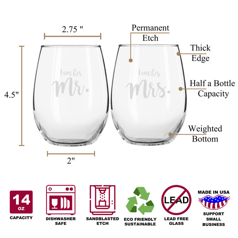 Her Mr. & His Mrs. Elegant Stemless Couples WineGlass Set of 2 [Because love has never been so perfect!]