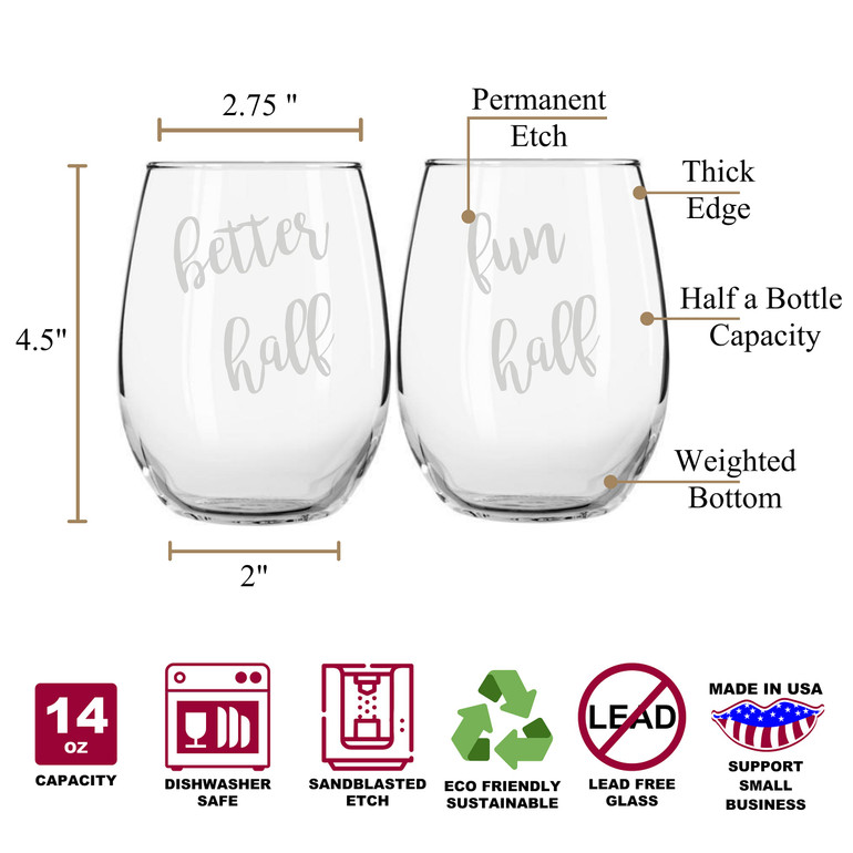 Fun Half & Better Half Hilarious Stemless Couples WineGlass Set of 2 [Because Fun IS Better, Silly Goose!]
