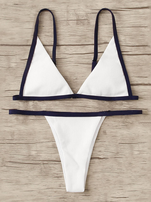 Knit Contrast Binding Triangle Top With Thong Bikini Set