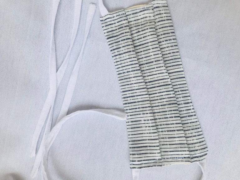 Pleated”Acapulco” Blue vertical stripes face mask with tie backs