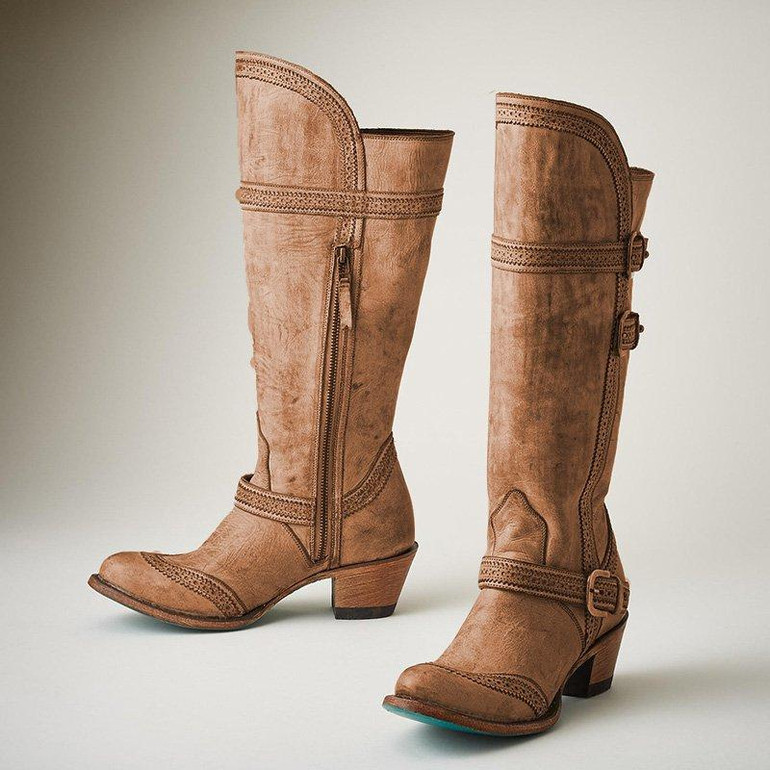 Women Vintage Casual Chunky Heel Zipper Knee Boots