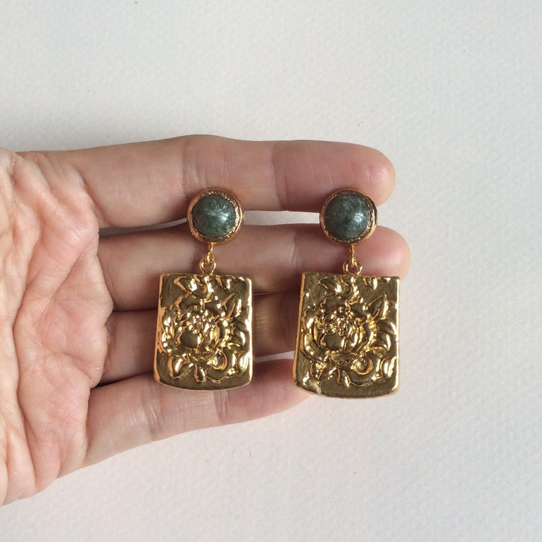 Golden peony tablet with nephrite jade studs
