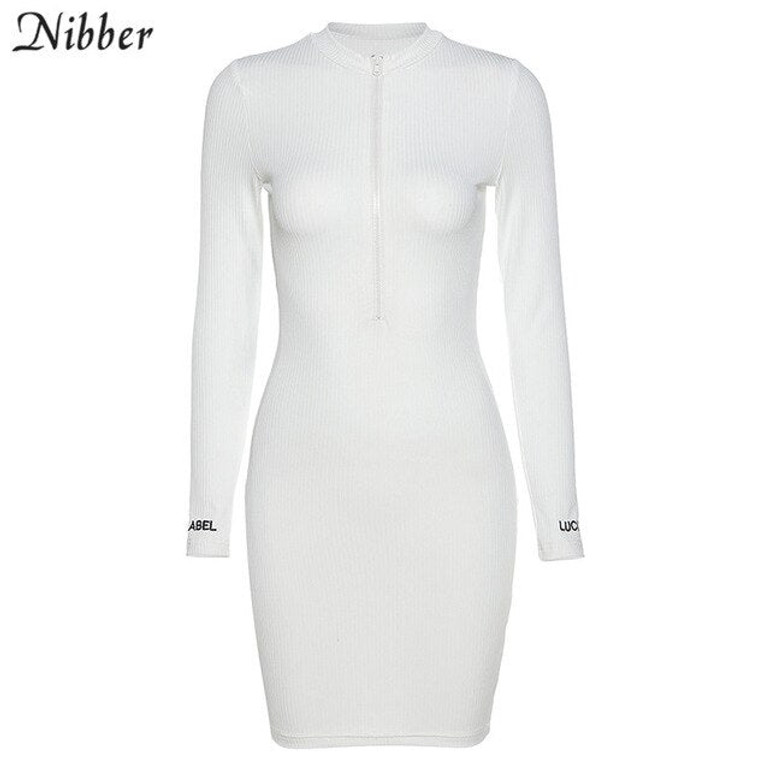 Nibber Basic activity zipper mini dress street casual sport style elastic dress simple high quality full sleeve femme slim wear