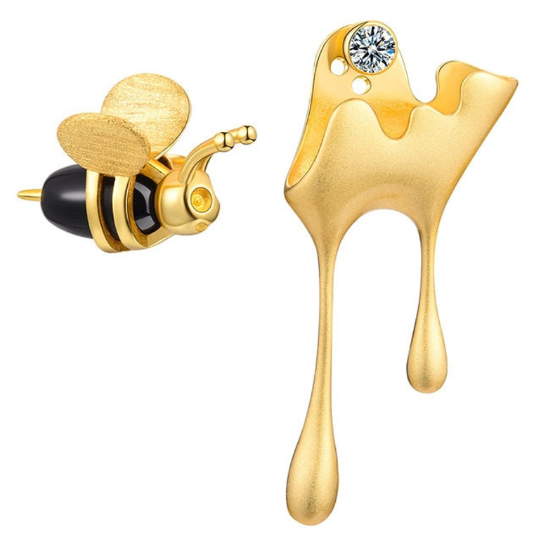 Lotus Fun Real 925 Sterling Silver Handmade Fine Jewelry 18K Gold Bee and Dripping Honey Asymmetric Stud Earrings for Women Gift