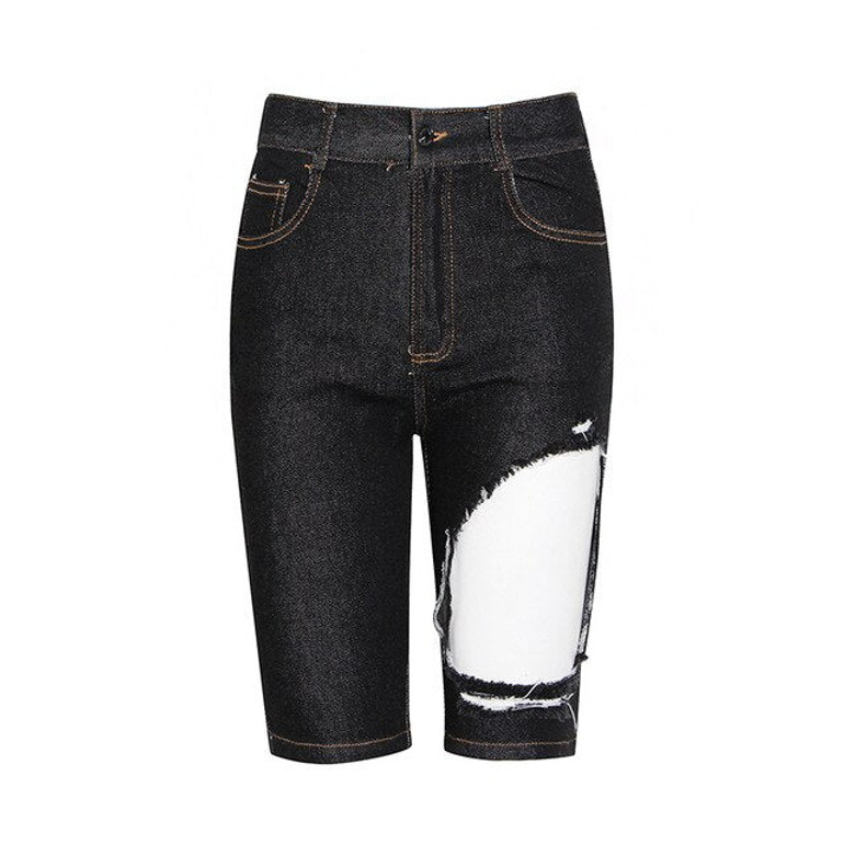 TWOTWINSTYLE Irregular Hollow Out Denim Pants For Women High Waist Pocket Knee Length Pants Female 2020 Summer Fashion New TWOTWINSTYLE Irregular Hollow Out Denim Pants For Women High Waist Pocket Knee Length Pants Female 2020 Summer Fashion New