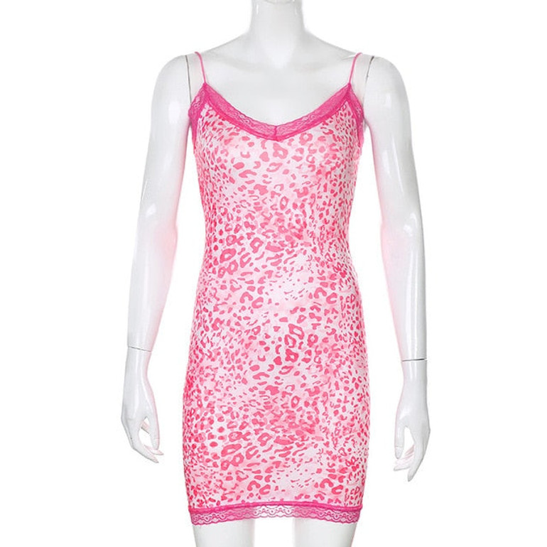 ALLNeon E-Girl Sweet Leopard Printing Lace Trim Cami Dresses Y2K Aesthetics Pink Spaghetti Strap Backless Bodycon Mini Dress 90s