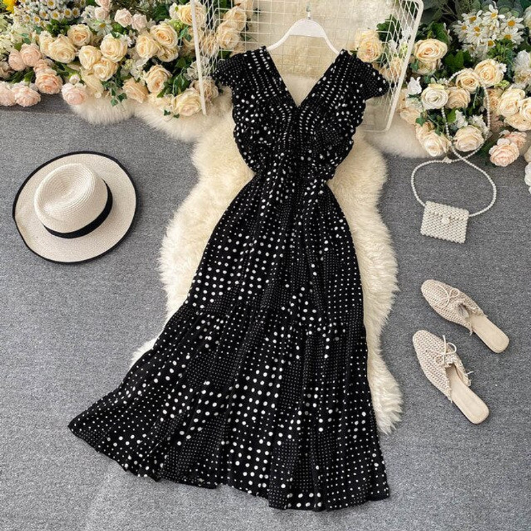 SINGRAIN Women Dot Tank Dress Sexy Deep V Sleeveless Split Ruffles Ruffles Midi Dress Summer Boho Print Romantic Holiday Dress