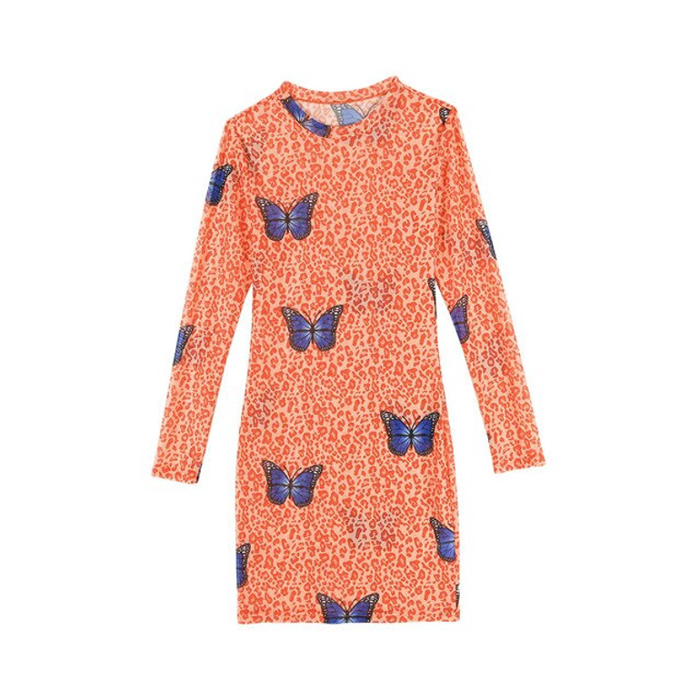 MIOFAR 2020 Summer Party Clubwear Skinny Orange Leopard Mini Dresses Butterfly Print Mesh Sexy Bodycon Dress Women Long Sleeve