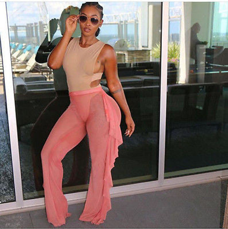 Sexy sheer side ruffle bikini swimwear coverup pant