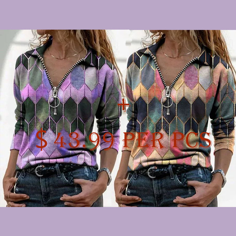 V-neck blouse printed zipper T-shirt