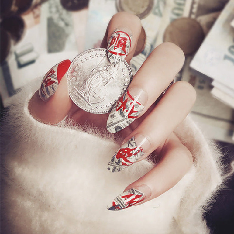 Acrylic Press On Stickers Girls Manicure Fake Nails Fashion Dollar Pattern Conical Head False Decors