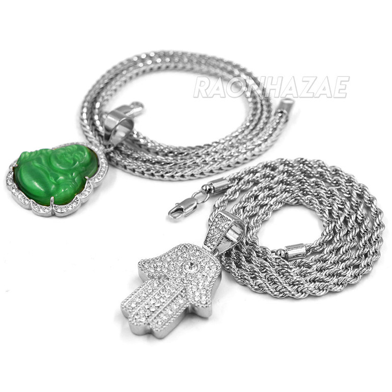 Iced Gold / Silver Buddha Pendant w/ 5mm Franco Chain / Hands of Hamsa w/ 4mm Rope Chain Set
