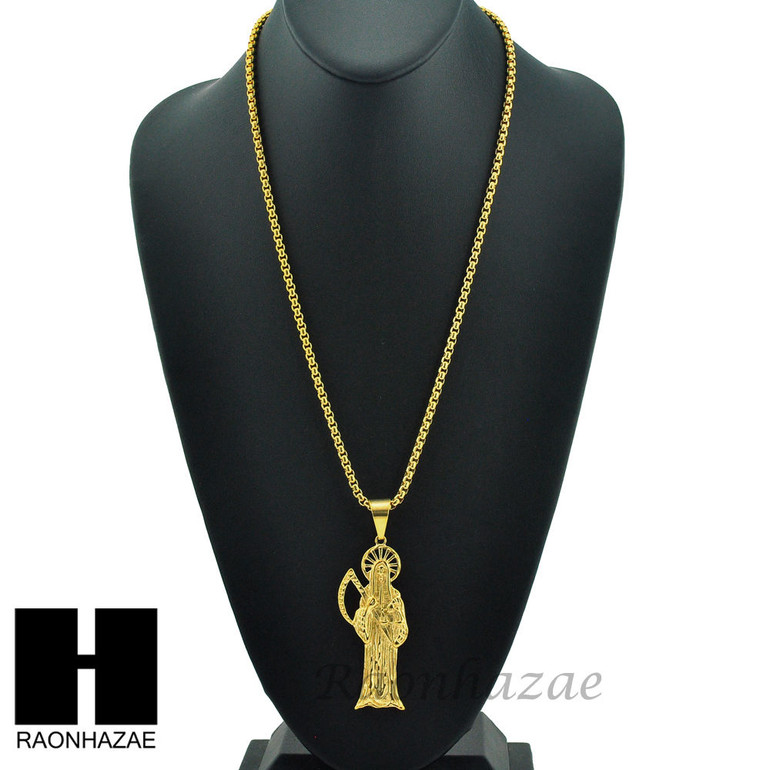MEN 316L STAINLESS STEEL TALL SANTA MUERTE PENDANT W 24" BOX CHAIN NECKLACE S222