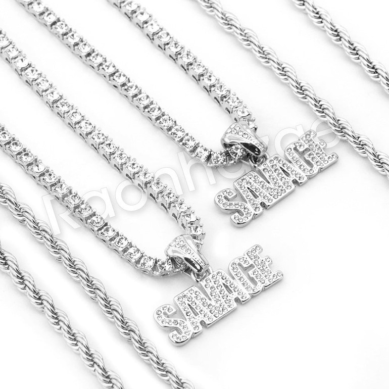 SAVAGE SILVER PENDANT W/ 24" ROPE /18" TENNIS CHAIN NECKLACE SAVAGE SILVER PENDANT W/ 24" ROPE /18" TENNIS CHAIN NECKLACE