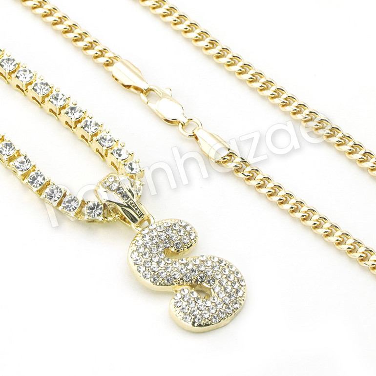 S INITIAL BUBBLE PENDANT W/ 24" MIAMI CUBAN /18" TENNIS CHAIN NECKLACE S INITIAL BUBBLE PENDANT W/ 24" MIAMI CUBAN /18" TENNIS CHAIN NECKLACE
