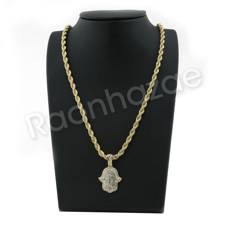 GOLD HAMSA HAND PENDANT W/ 24" ROPE /18" TENNIS CHAIN NECKLACE S09 GOLD HAMSA HAND PENDANT W/ 24" ROPE /18" TENNIS CHAIN NECKLACE S09