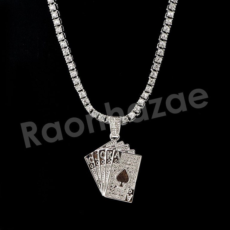 Micro Pave Playing Cards Pendant w/ 18" Tennis / 30" Cuban Chain Micro Pave Playing Cards Pendant w/ 18" Tennis / 30" Cuban Chain