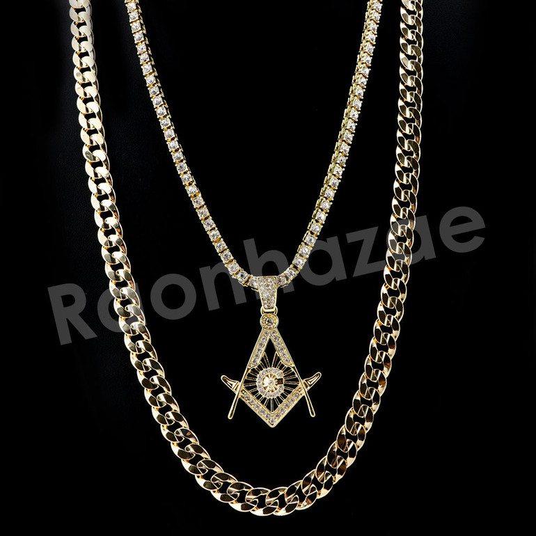Micro Pave Freemasonic Icon Pendant w/ 18" Tennis / 30" Cuban Chain Micro Pave Freemasonic Icon Pendant w/ 18" Tennis / 30" Cuban Chain
