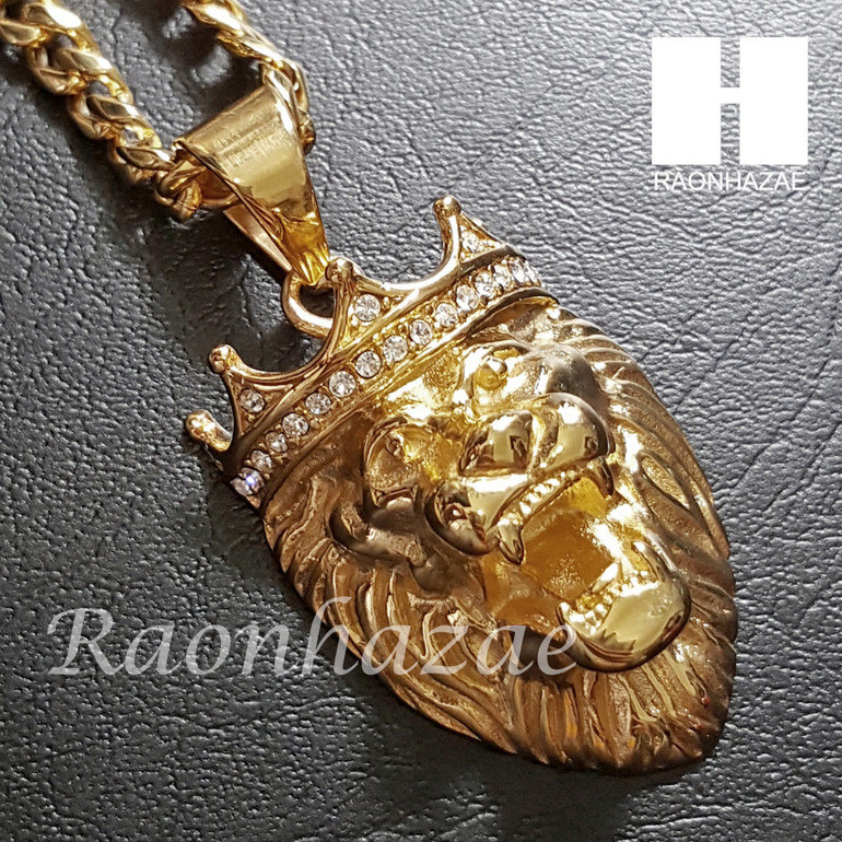 316L Stainless steel Gold Bling King Lion w/ 5mm Cuban Chain S23 316L Stainless steel Gold Bling King Lion w/ 5mm Cuban Chain S23