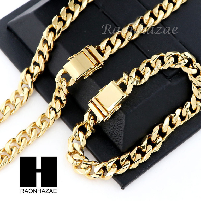 Stainless steel Gold Finish Heavy 10mm Miami Cuban Link Chain Necklace Bracelet3