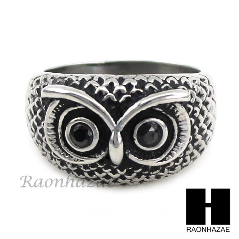 MEN STAINLESS STEEL HIP HOP ANTIQUE SILVER TONE OWL w/ ONYX RING 8-12 SR027CL