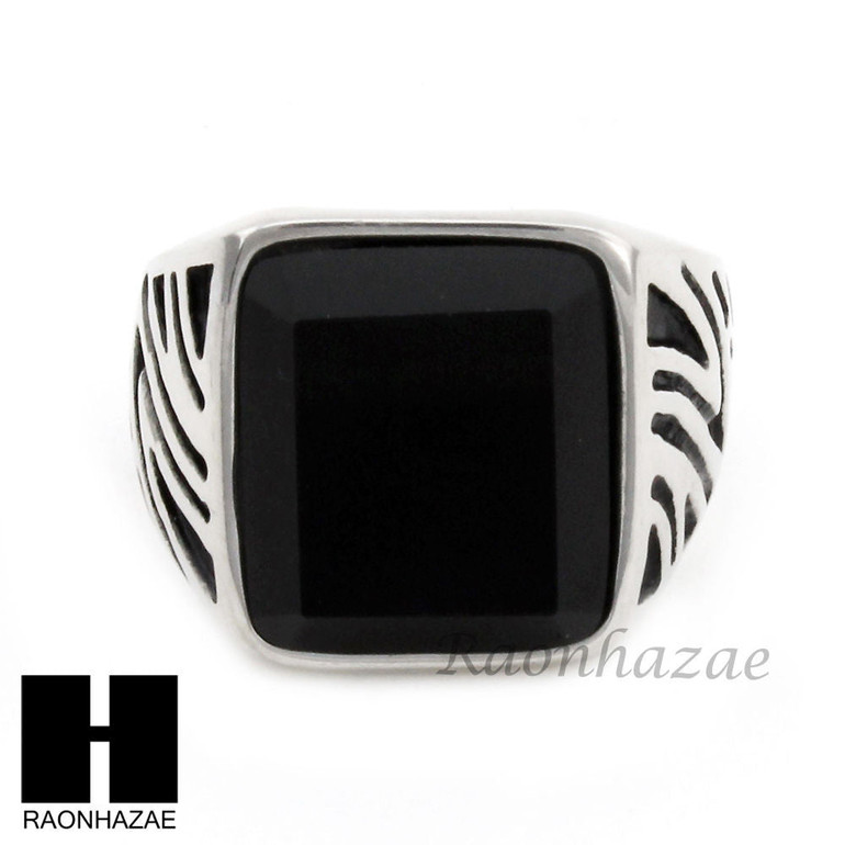 MEN STAINLESS STEEL HIP HOP ANTIQUE SILVER BLACK ONYX RING 8-12 SR028CL