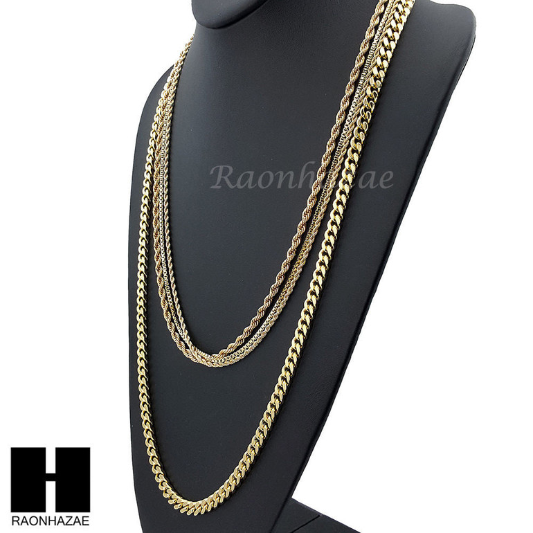 HIP HOP 14K GOLD PT 4 CHAINS ROPE, BOX, 30" CUBAN LINK NECKLACE CHAIN SET GN158G
