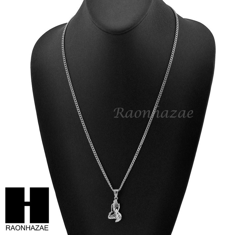 MENS STAINLESS STEEL PRAYING HANDS PENDANT 24" CUBAN NECKLACE SET NP001