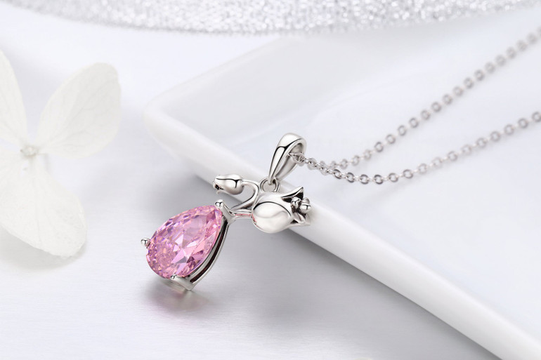 Romantic Rose Flower Pink Water Drop CZ Long Chain Women Pendant Necklace