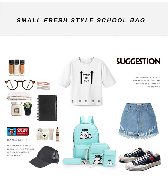 Cute Panda Canvas Backpack 4pcs/Set