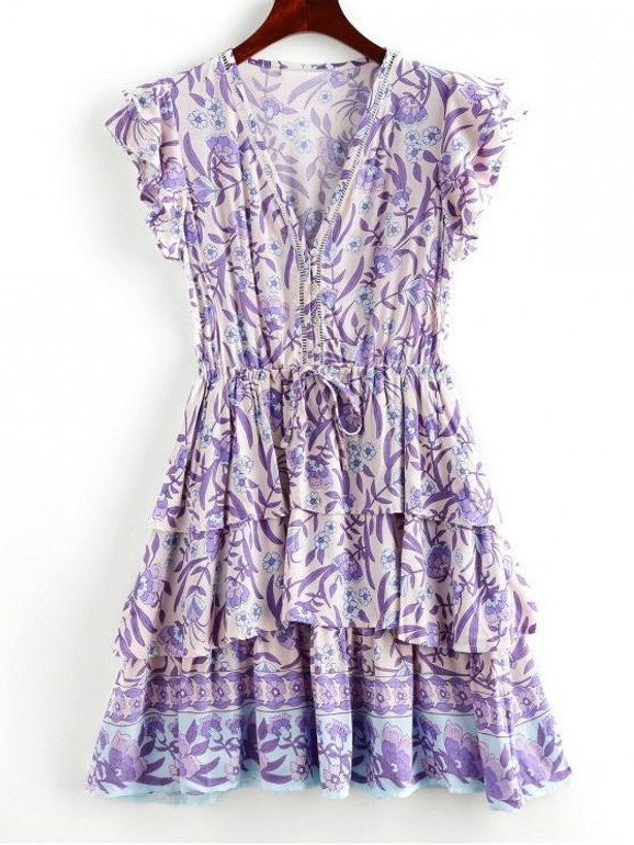 Button Loop Tie Waist Floral Layered Dress