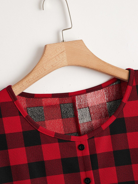Plus Buffalo Plaid Button Curved Hem Smock Dress