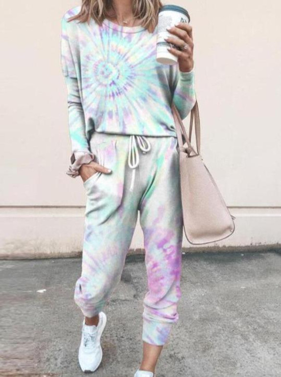 Woman Tie Dye Print Top & Drawstring Pants Set