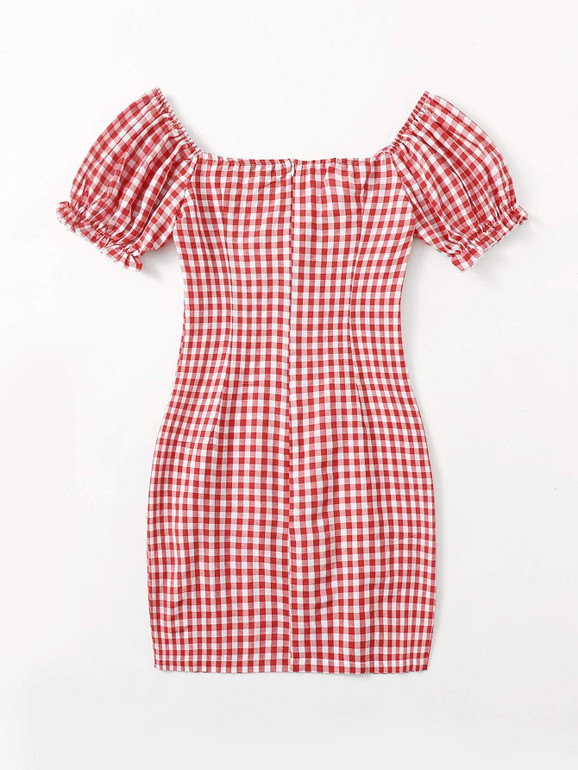 Off Shoulder Tie Front Gingham Dress