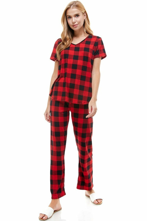 Plaid Loungewear Set for Women, Checker Print Modest Winter Pajamas